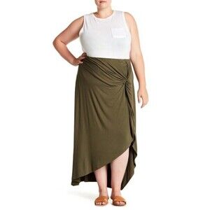 Bobeau Women's Ruched Pull On Hi Lo Maxi Skirt In Army Green Plus Size 3X